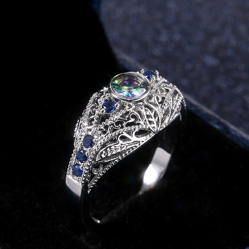 Women Fashion New Style Carved Flower Set Colorful Glass Diamond Retro Ring Lady Dress Accessories