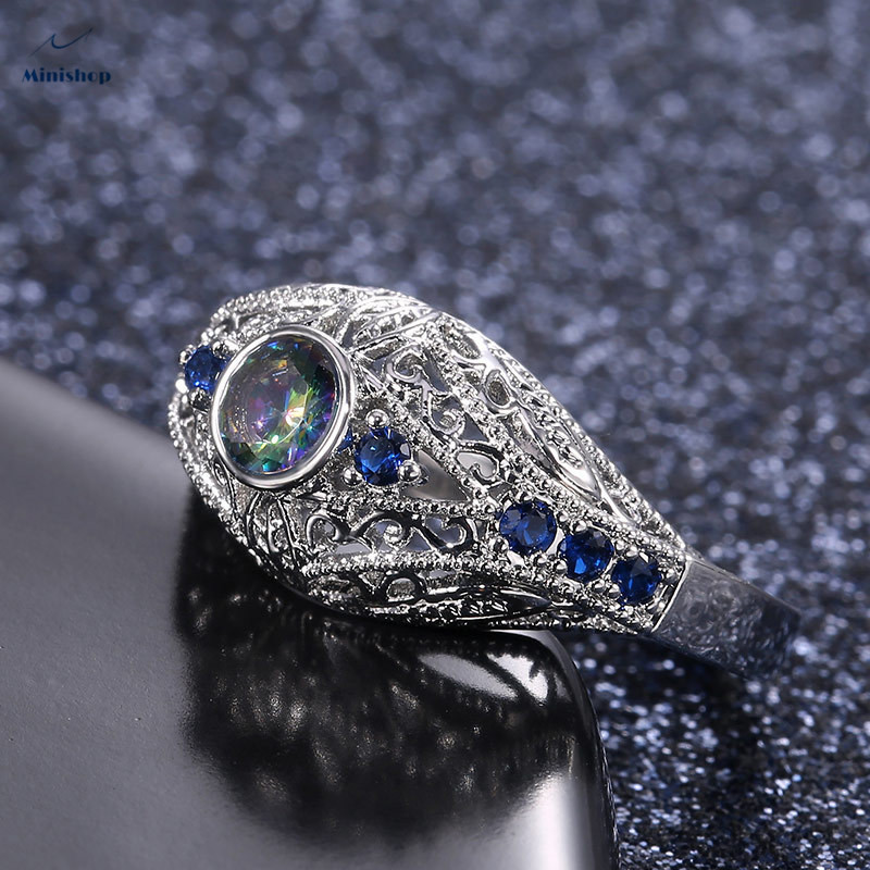 Women Fashion New Style Carved Flower Set Colorful Glass Diamond Retro Ring Lady Dress Accessories