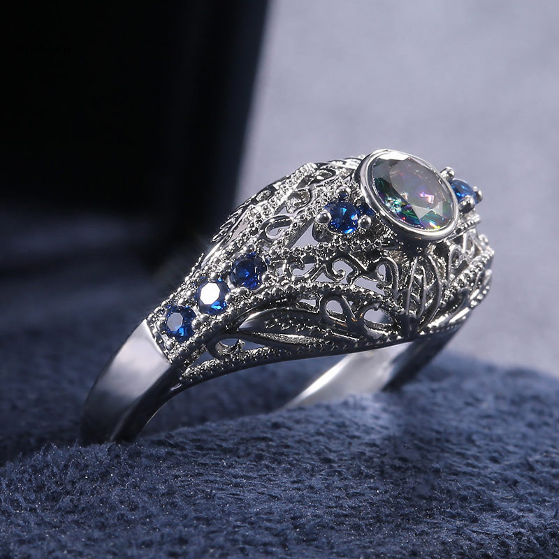 Women Fashion New Style Carved Flower Set Colorful Glass Diamond Retro Ring Lady Dress Accessories