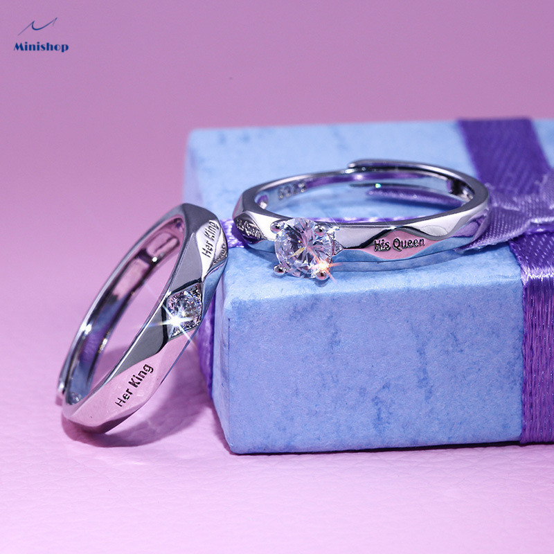 Fashion couple diamond ring silver-plated men's and women's rings Lettering"Her King"" His queen"