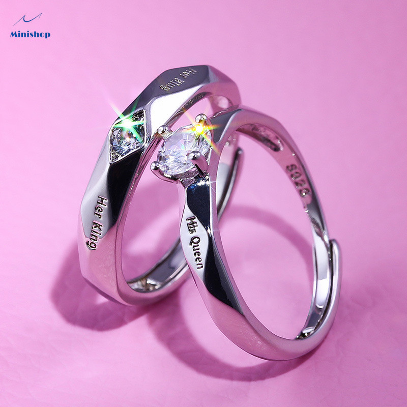 Fashion couple diamond ring silver-plated men's and women's rings Lettering"Her King"" His queen"