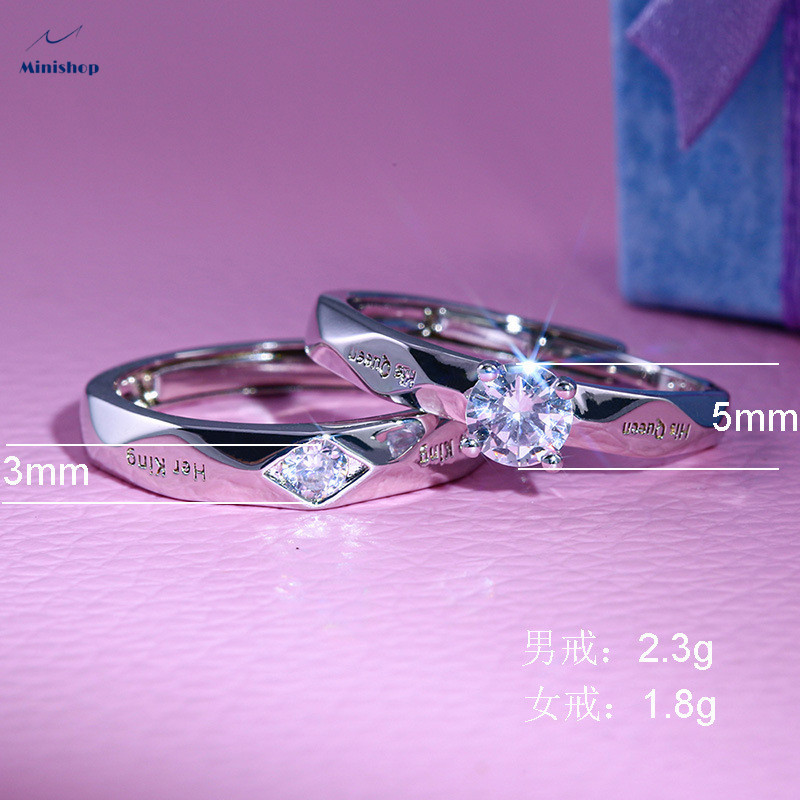 Fashion couple diamond ring silver-plated men's and women's rings Lettering"Her King"" His queen"