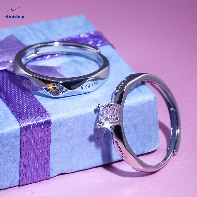 Fashion couple diamond ring silver-plated men's and women's rings Lettering"Her King"" His queen"