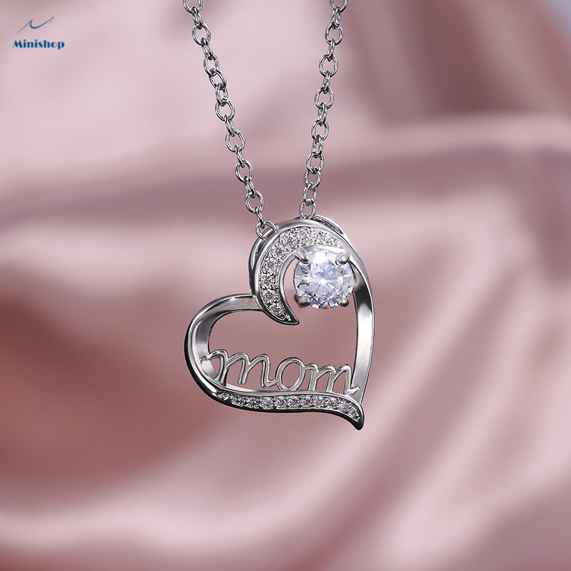 MOM Heart-shaped Zircon Diamond Women Necklace Plated With Gold Mother's Birthday Pendent Jewelry