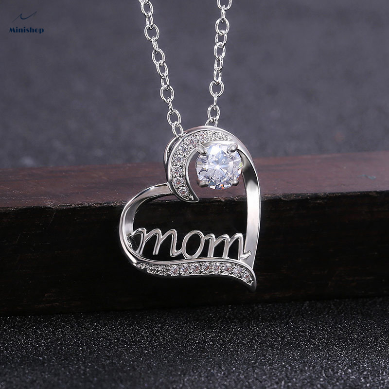 MOM Heart-shaped Zircon Diamond Women Necklace Plated With Gold Mother's Birthday Pendent Jewelry