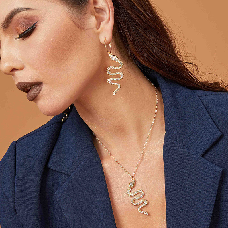 Women New Fashion Necklace and Earrings Set Creative Snake Necklace Metal Diamond Earrings Set