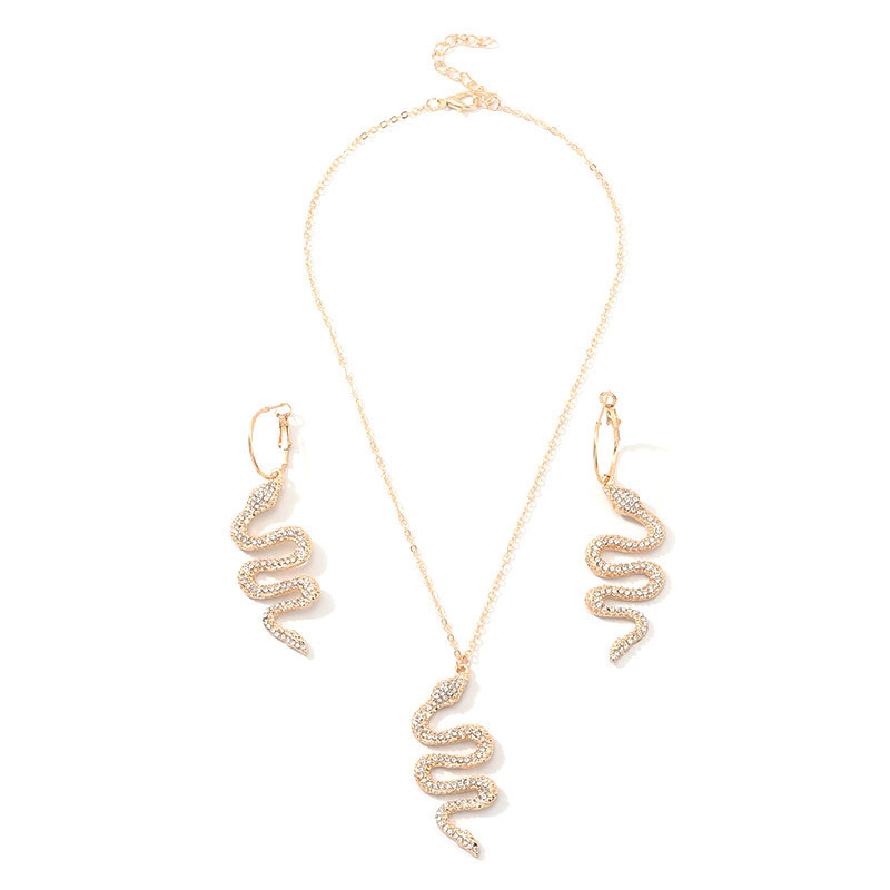 Women New Fashion Necklace and Earrings Set Creative Snake Necklace Metal Diamond Earrings Set