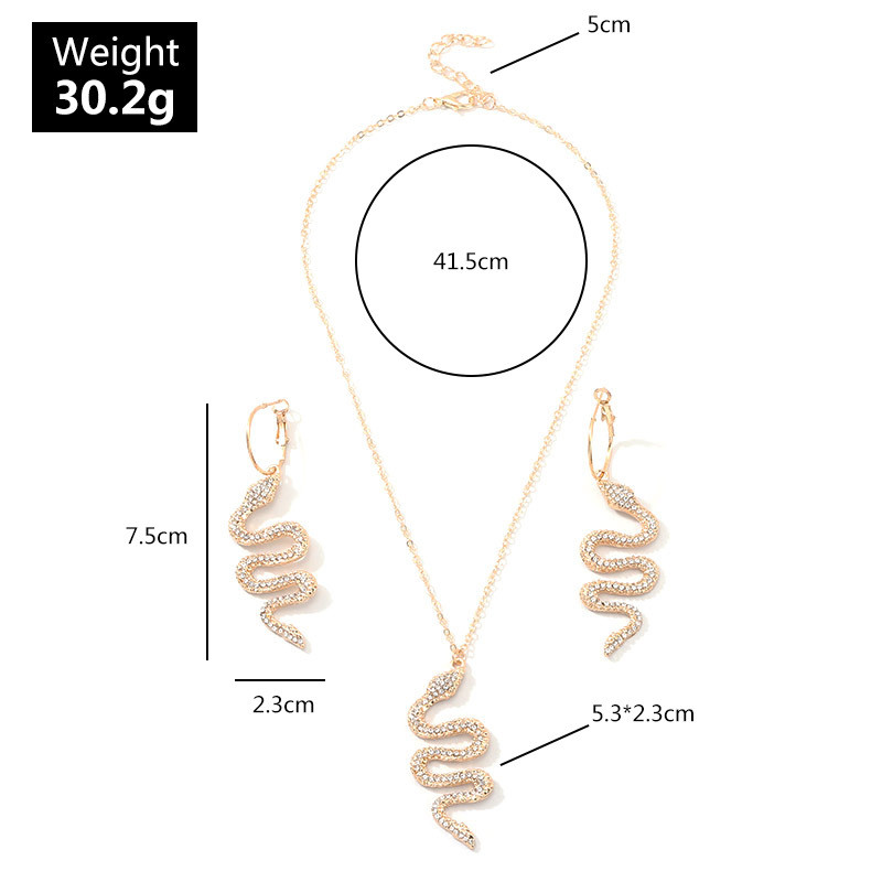 Women New Fashion Necklace and Earrings Set Creative Snake Necklace Metal Diamond Earrings Set