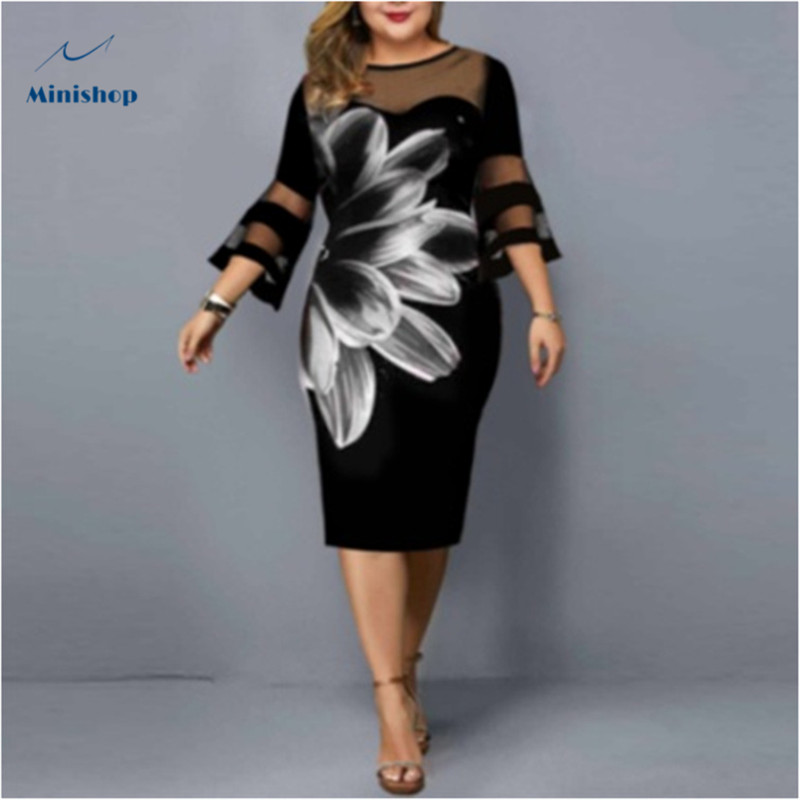 2021 New Digital Print Gauze Mesh Stitching Large  Size Dress Party Dress Summer Spring Lady Dress