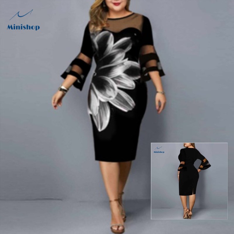 2021 New Digital Print Gauze Mesh Stitching Large  Size Dress Party Dress Summer Spring Lady Dress