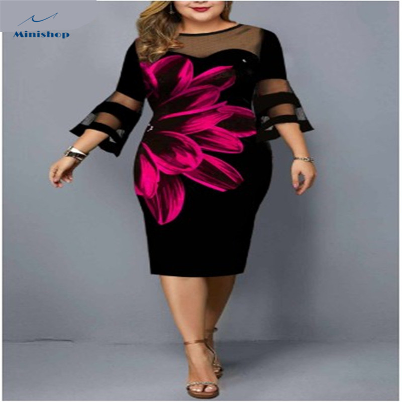 2021 New Digital Print Gauze Mesh Stitching Large  Size Dress Party Dress Summer Spring Lady Dress