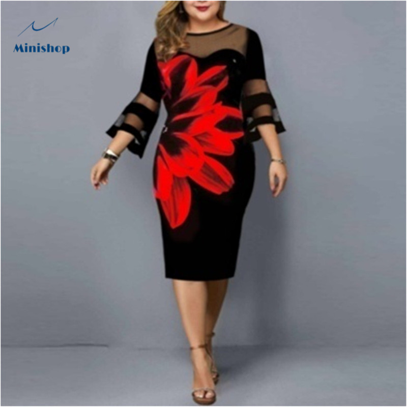 2021 New Digital Print Gauze Mesh Stitching Large  Size Dress Party Dress Summer Spring Lady Dress