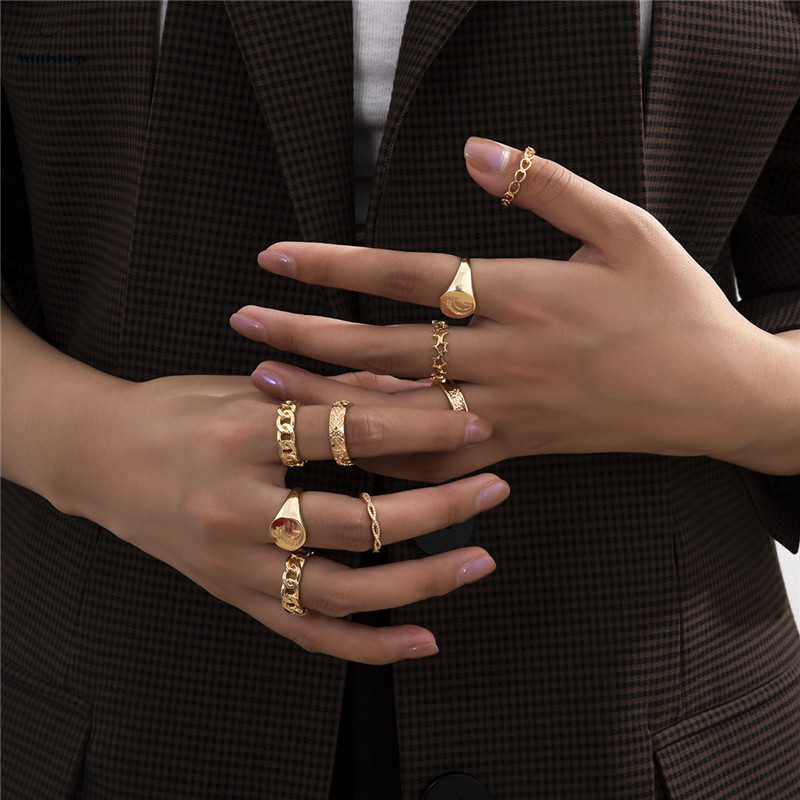 Lady 9 pcs/set Jewelry Hollow Moon Combination Ring Girls Personality Alloy Ring Set Gift Rings