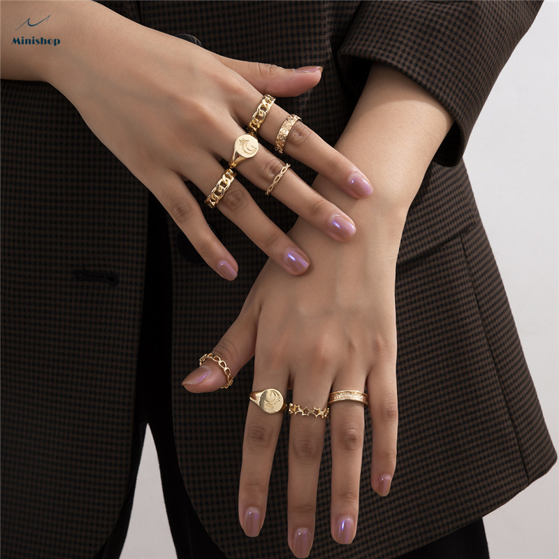 Lady 9 pcs/set Jewelry Hollow Moon Combination Ring Girls Personality Alloy Ring Set Gift Rings