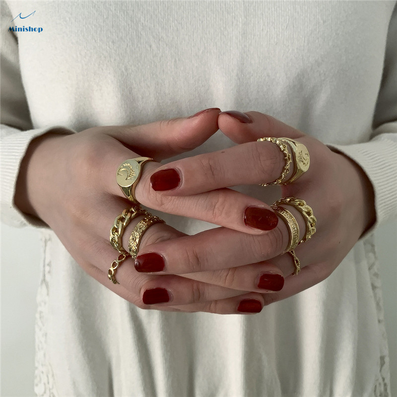 Lady 9 pcs/set Jewelry Hollow Moon Combination Ring Girls Personality Alloy Ring Set Gift Rings