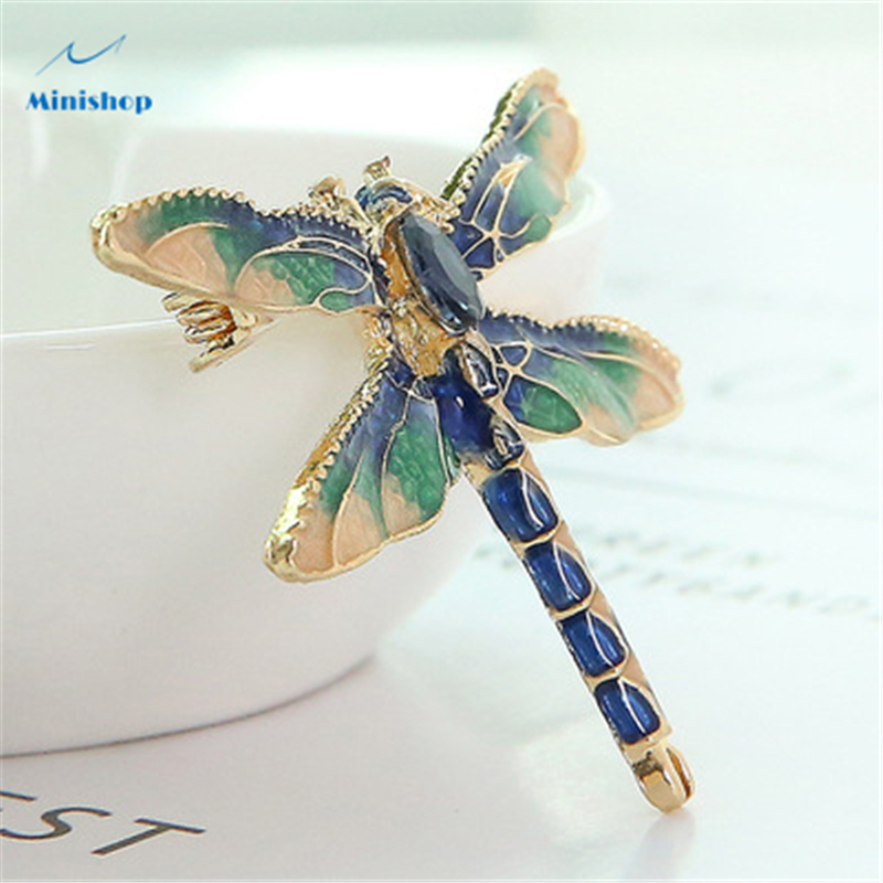 Lady Fashion Lovely Oil Dripping Insect Brooch Creative Enamel Dragonfly Brooch with Crystal Brooch