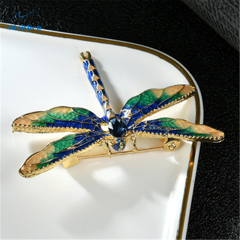 Lady Fashion Lovely Oil Dripping Insect Brooch Creative Enamel Dragonfly Brooch with Crystal Brooch
