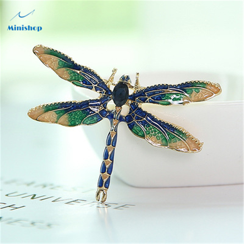 Lady Fashion Lovely Oil Dripping Insect Brooch Creative Enamel Dragonfly Brooch with Crystal Brooch