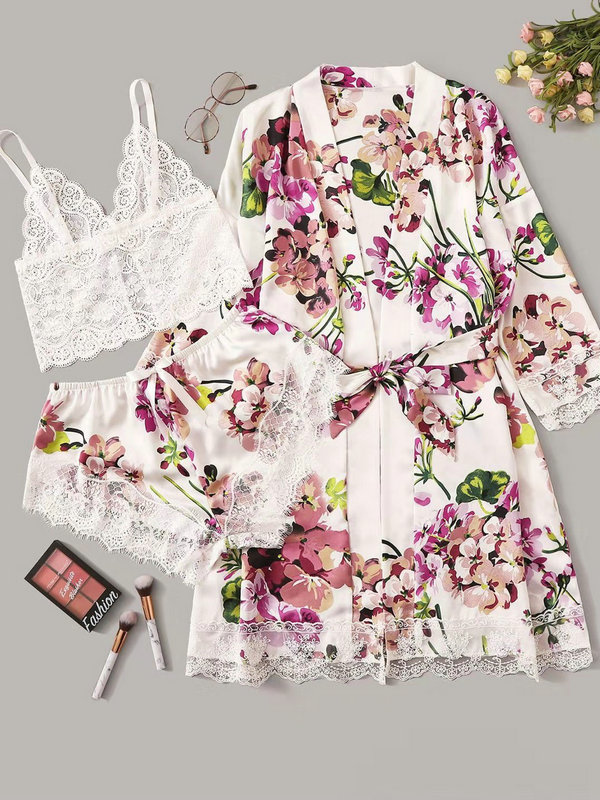 Three piece printing household clothes simulated silk Sleepwear lingerie shorts Three piece suit