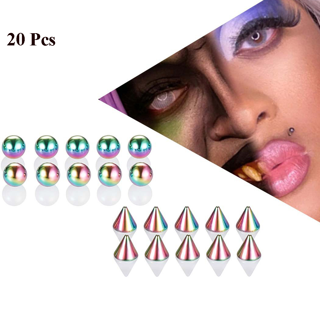 20 Pcs Fake Nose Lip Eyebrow Non-Piercing Body Jewelry Stainless Steel 3/4/5mm Ball/Spike Kit Sticker