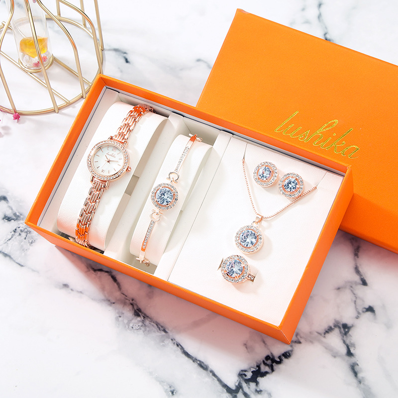 Women Watches Sets Gifts for Women Mom Wife Quartz Wrist Watch Necklace Bracelet Earring Ring Set Collection 5 in 1 Box Gift Package for Anniversary