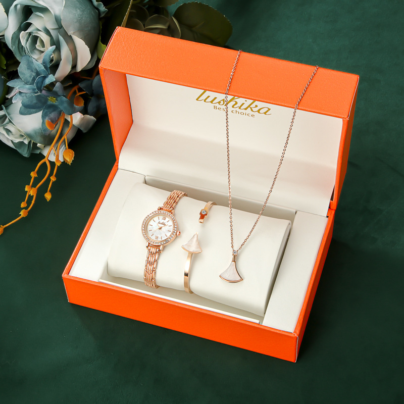 Women Watches Sets Gifts for Women Mom Wife Quartz Wrist Watch Necklace Bracelet Earring Ring Set Collection 5 in 1 Box Gift Package for Anniversary
