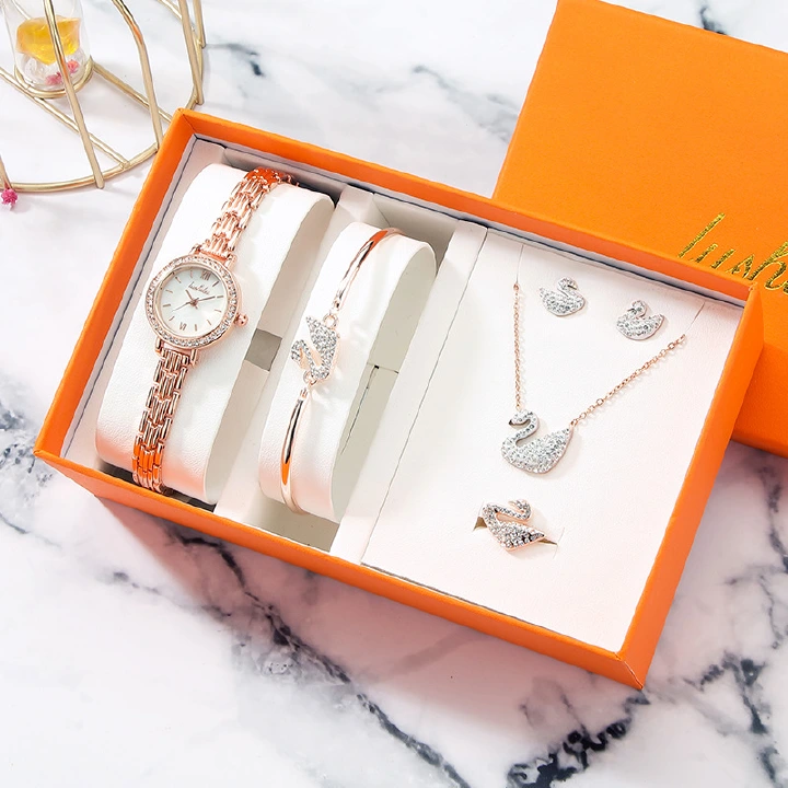 Women Watches Sets Gifts for Women Mom Wife Quartz Wrist Watch Necklace Bracelet Earring Ring Set Collection 5 in 1 Box Gift Package for Anniversary