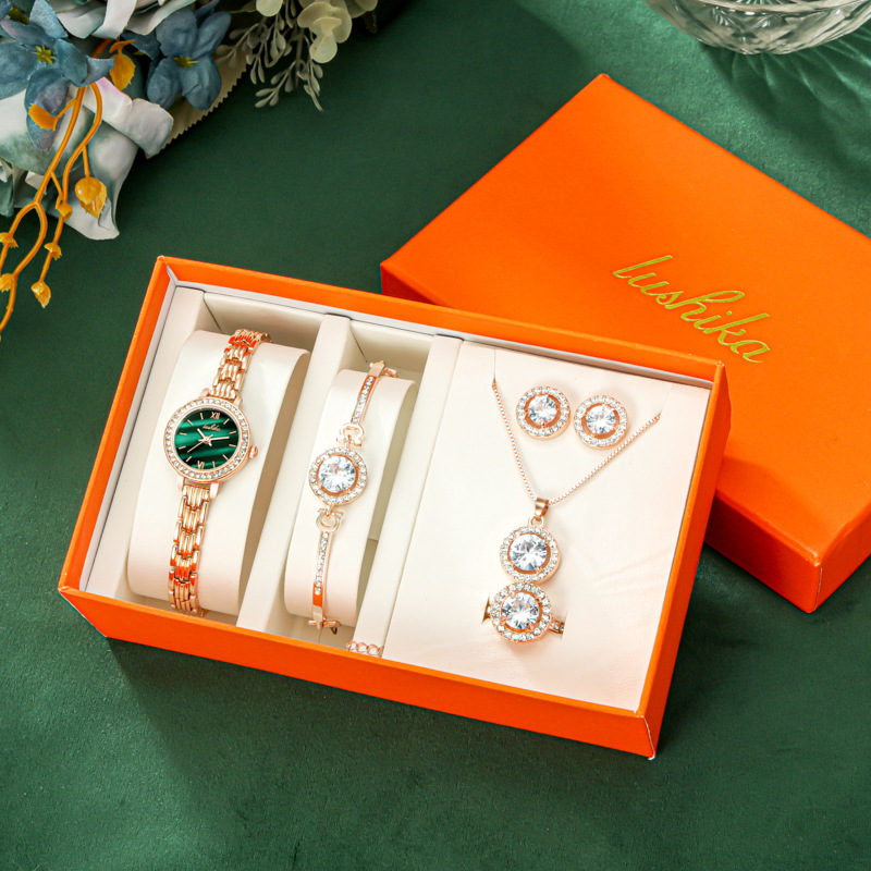 Women Watches Sets Gifts for Women Mom Wife Quartz Wrist Watch Necklace Bracelet Earring Ring Set Collection 5 in 1 Box Gift Package for Anniversary