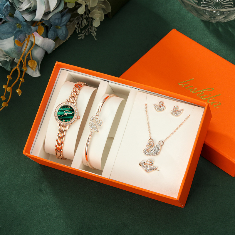 Women Watches Sets Gifts for Women Mom Wife Quartz Wrist Watch Necklace Bracelet Earring Ring Set Collection 5 in 1 Box Gift Package for Anniversary