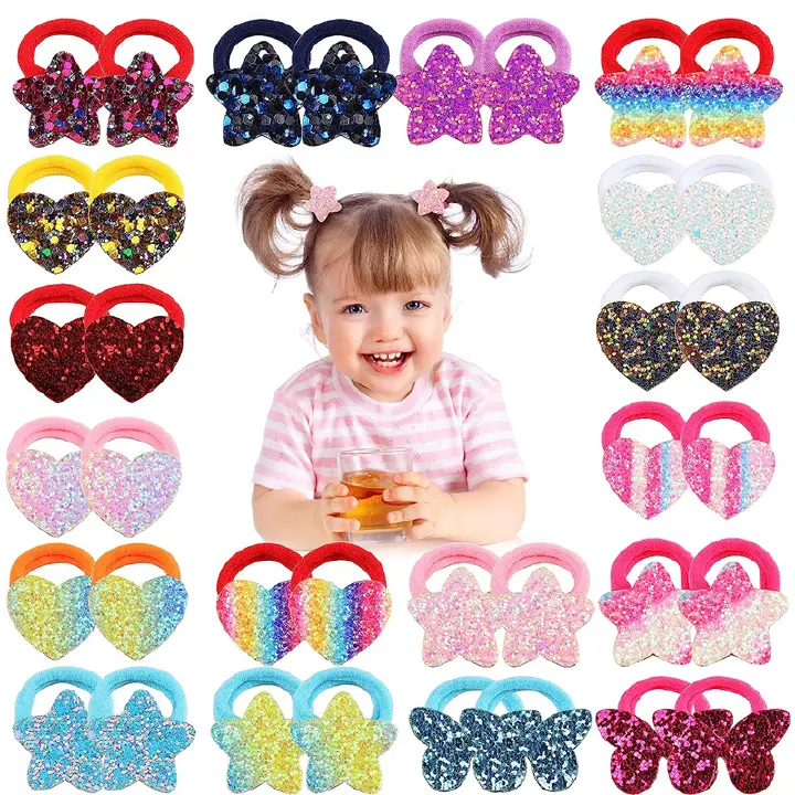 2Pcs/6Pcs Butterfly Glitter Hair Ties for Baby Girls Elastic Rubber Bands Hair Scrunchies for Toddler Girls Butterfly Heart Cartoon Ponytail Holders Hair Accessories