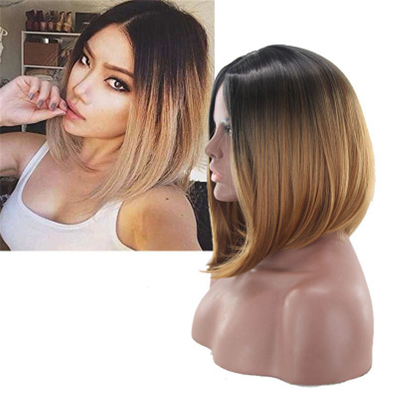 FBK Women Ombre Bob Short Straight Hair Black Brown Synthetic Wigs Ladies Gift