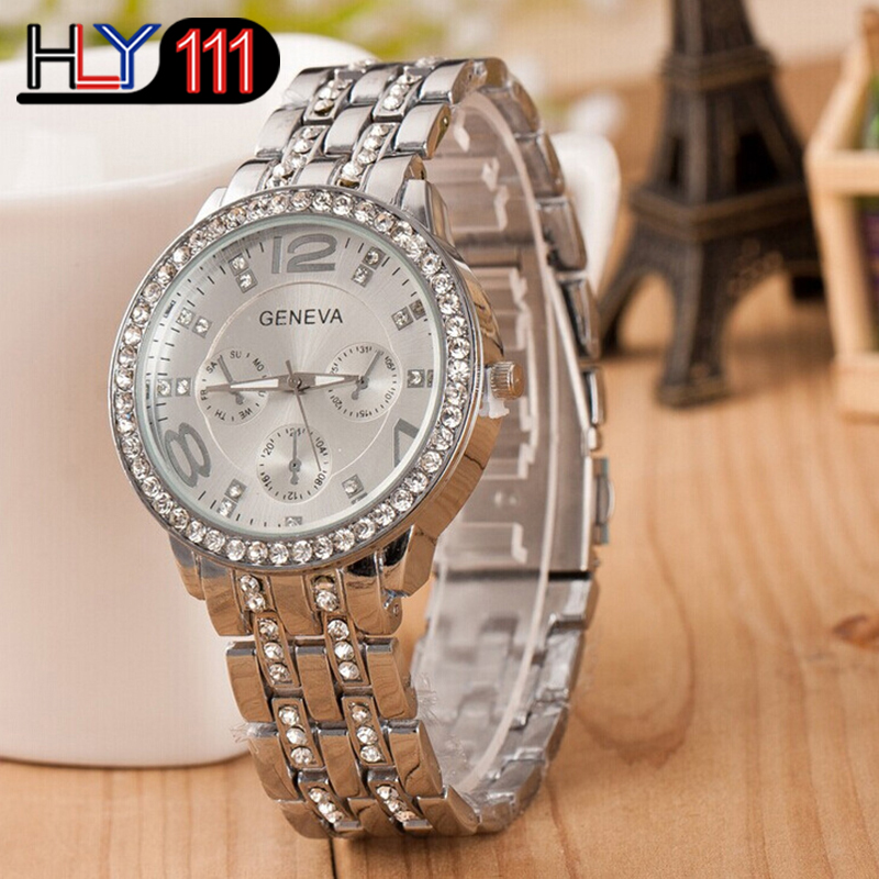 Fashion Geneva Women's Watches Luxury Stainless Steel Crystal Quartz Watches Analog Men Wristwatches