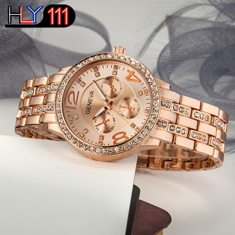 Fashion Geneva Women's Watches Luxury Stainless Steel Crystal Quartz Watches Analog Men Wristwatches