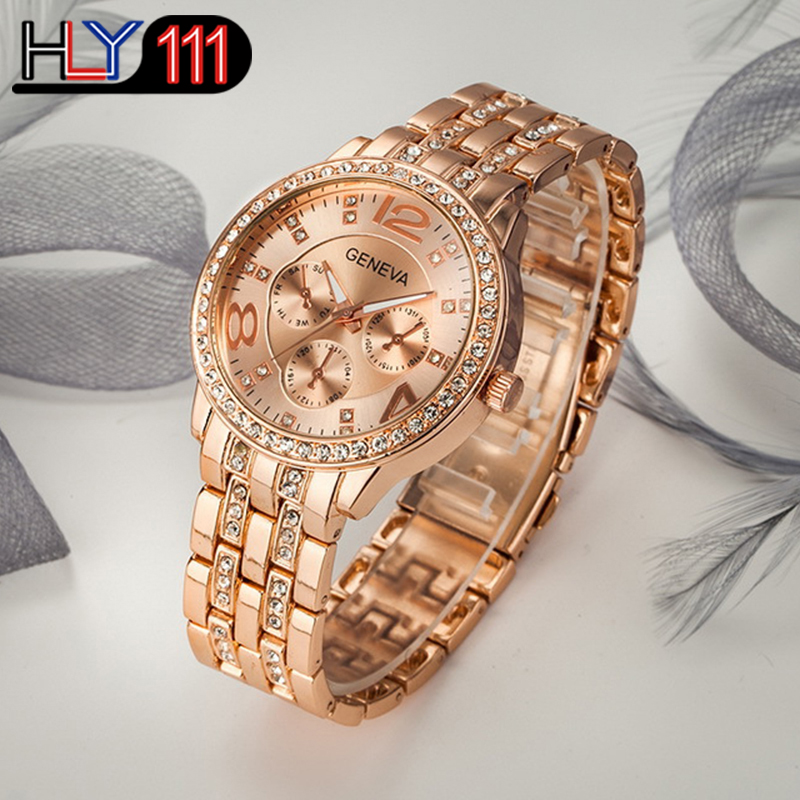 Fashion Geneva Women's Watches Luxury Stainless Steel Crystal Quartz Watches Analog Men Wristwatches