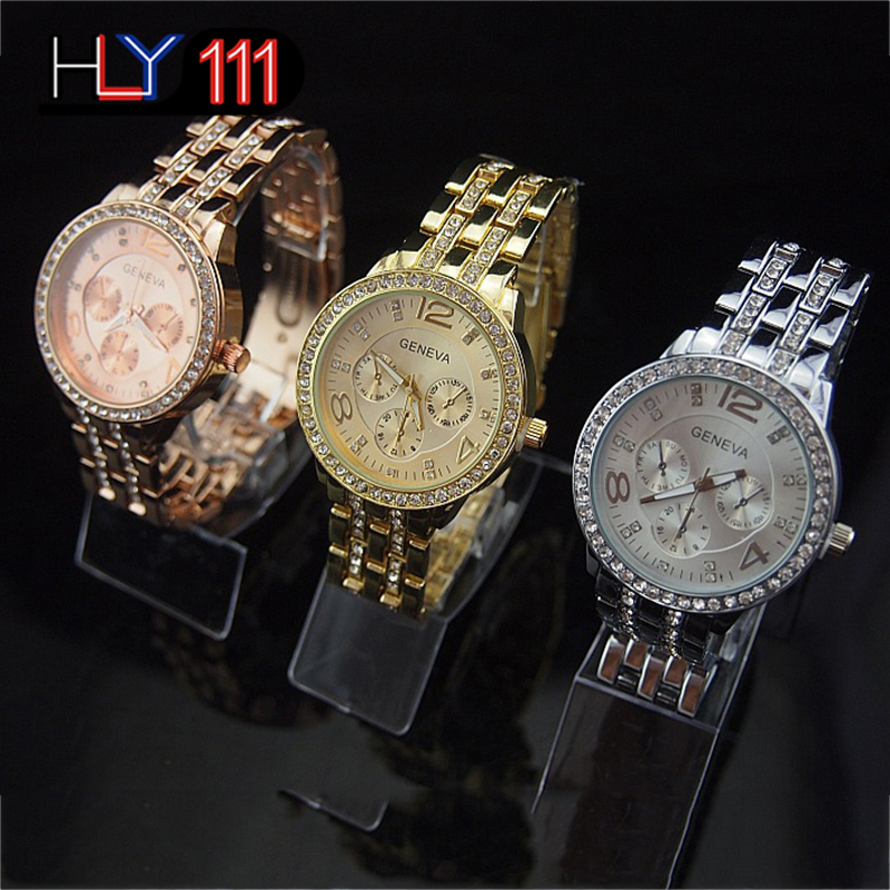 Fashion Geneva Women's Watches Luxury Stainless Steel Crystal Quartz Watches Analog Men Wristwatches