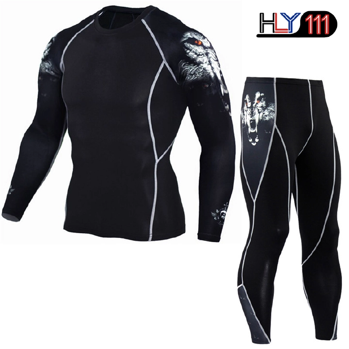 2Pcs/Set Men Running Sport Compression Tracksuit Sets Male Gym Fitness Training Sportswear Tees Tops Leggings Men's Fitness Clothing Suits Sports Tights Suit Round Neck Long Sleeve Pullover