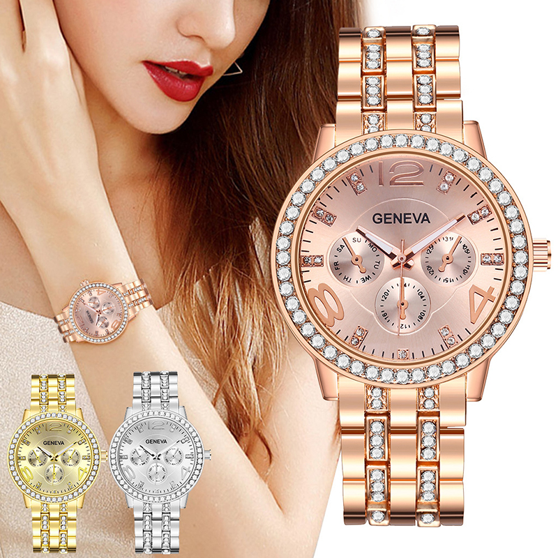 Fashion Geneva Women's Watches Luxury Stainless Steel Crystal Quartz Watches Analog Men Wristwatches