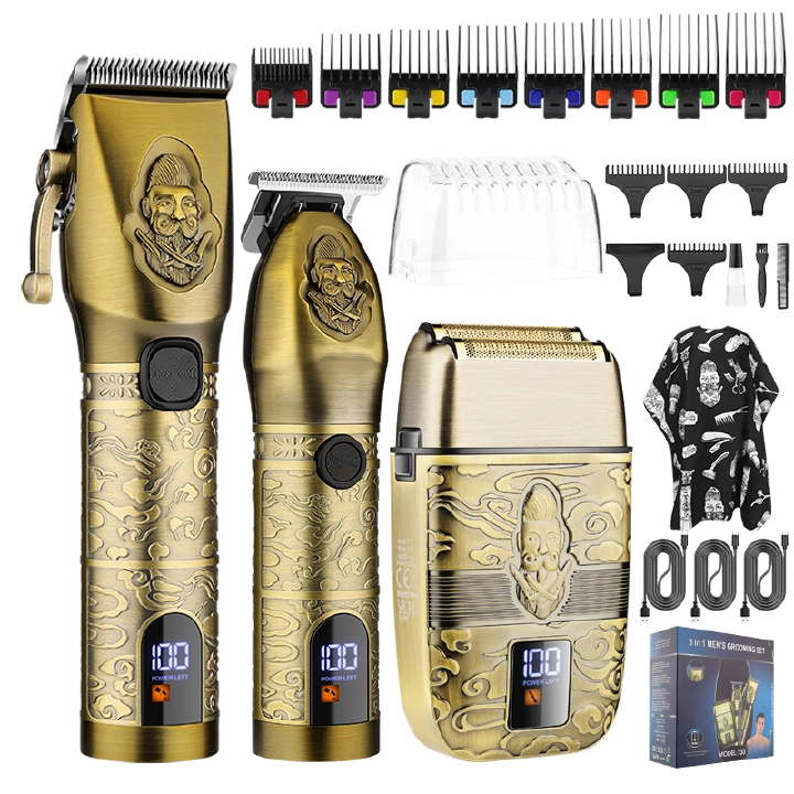 Newest Electric Senior Barber Hair Clipper Machine Trimmer Professional Portable Gold Electric Hair Clipper Set T-Blade Nose Hair Beard Trimmer Set Hair Cutting Grooming Kit