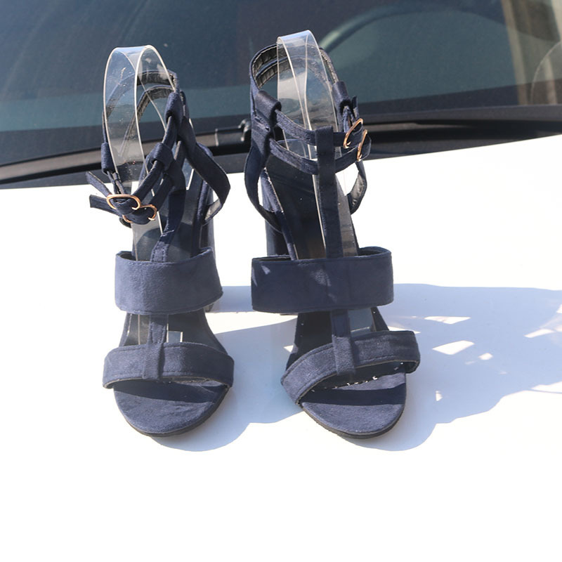 European and American hollow round head thick heel sandals buckle belt women's shoes