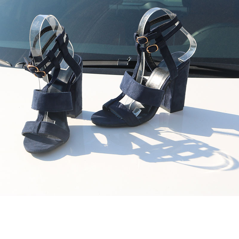 European and American hollow round head thick heel sandals buckle belt women's shoes