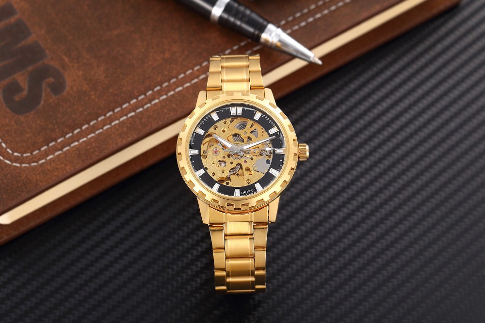 Men Mechanical Gold Skeleton Automatic Self Wind Wrist Watch For Men High Quality Alloy Gear Watch
