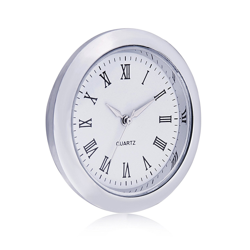 New Watch Mini Clock Quartz Movement Insert Round 1 7/16" (35mm) White Face Silver Tone