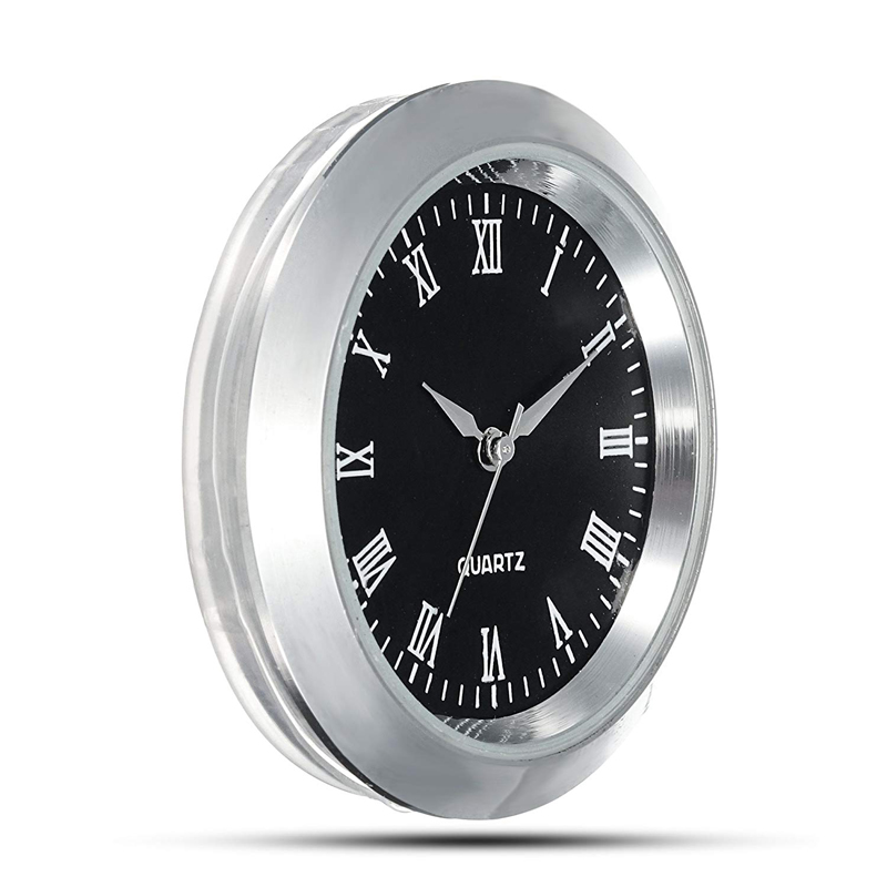 Mini Clock Insert Quartz Movement Round 1 7/16" (35mm) Black Face Silver Tone Roman Numerals