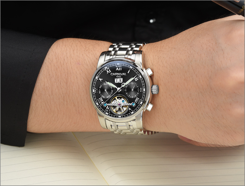 New Carnival Tourbillon Automatic Mechanical Watch Business Stainless Steel Mens Watches
