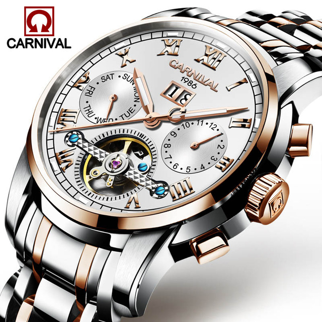 New Carnival Tourbillon Automatic Mechanical Watch Business Stainless Steel Mens Watches