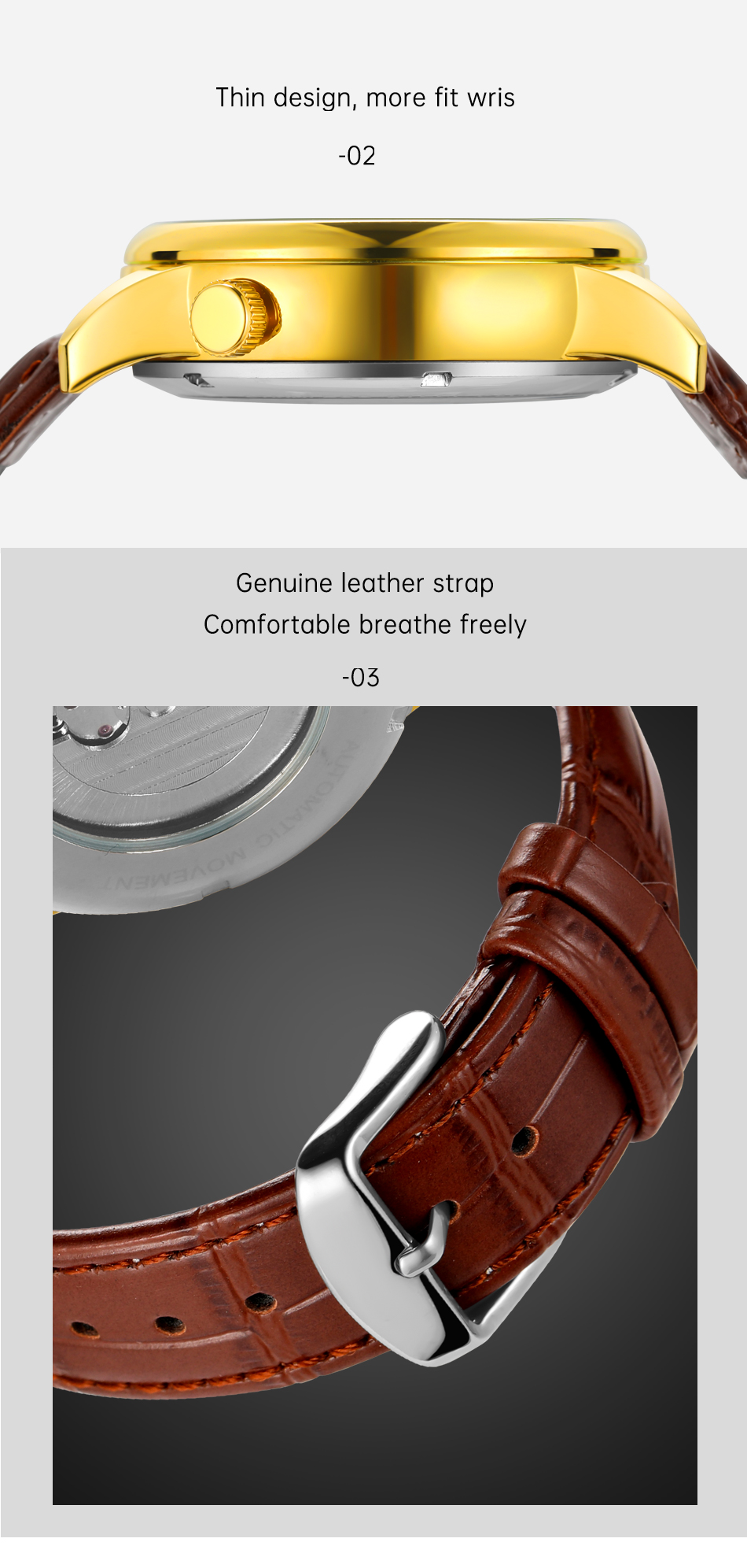 Men's Watch Golden Dial Chronograph Sport Watch Mesh Brown Leather Band Automatic Watch Luminous Hand Mechanical Wristwatches Montre Homme Automatic winding mechanical movement