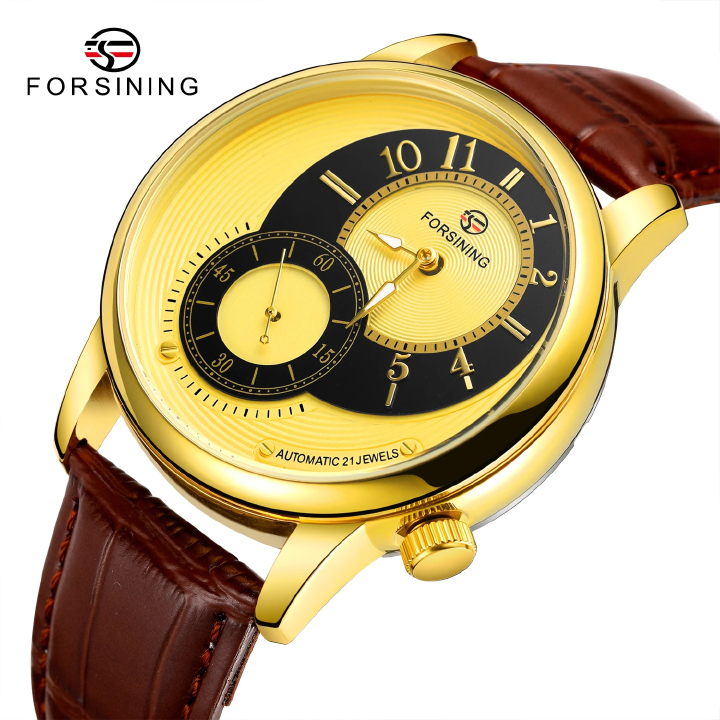 Men's Watch Golden Dial Chronograph Sport Watch Mesh Brown Leather Band Automatic Watch Luminous Hand Mechanical Wristwatches Montre Homme Automatic winding mechanical movement