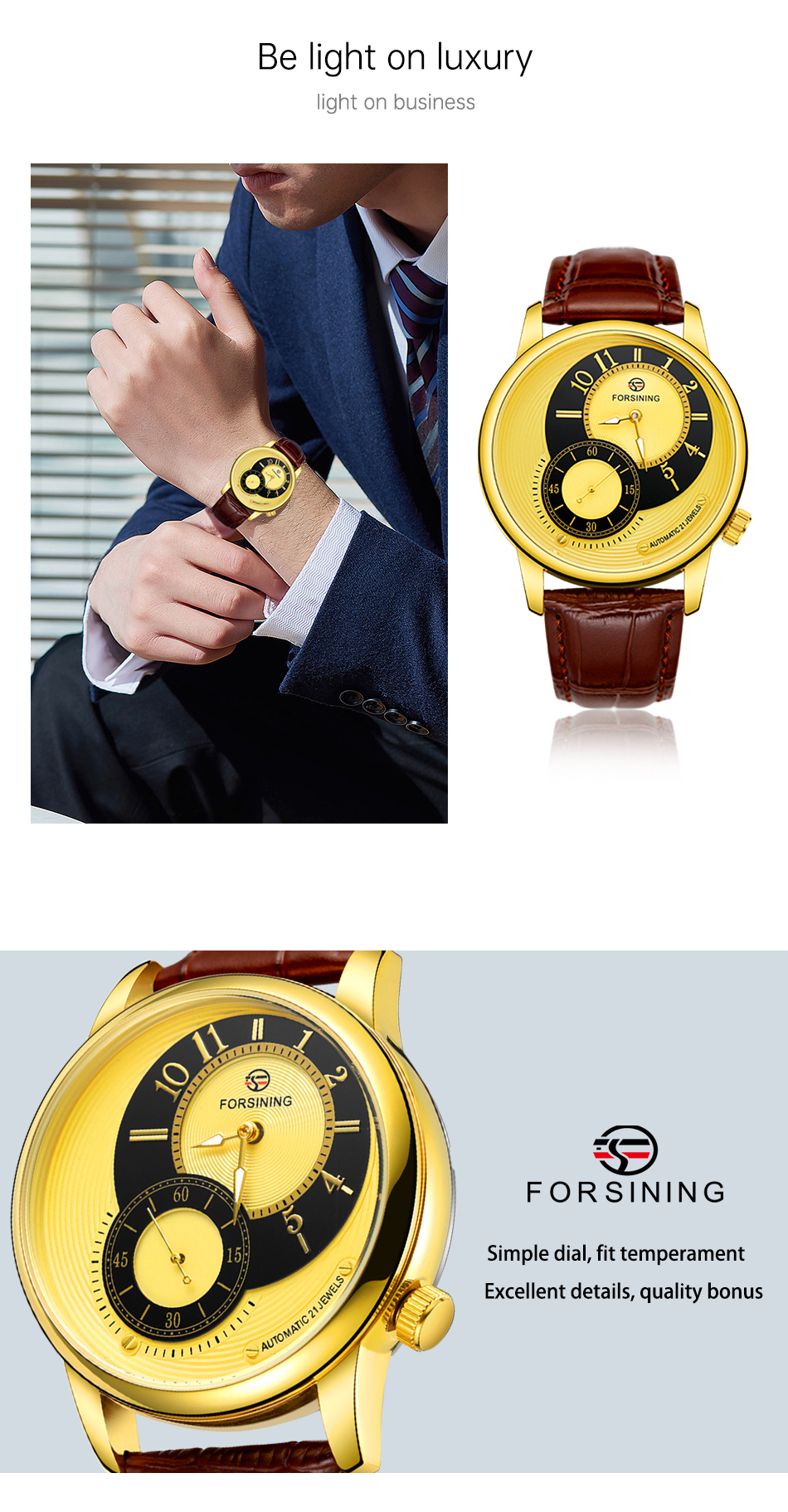 Men's Watch Golden Dial Chronograph Sport Watch Mesh Brown Leather Band Automatic Watch Luminous Hand Mechanical Wristwatches Montre Homme Automatic winding mechanical movement