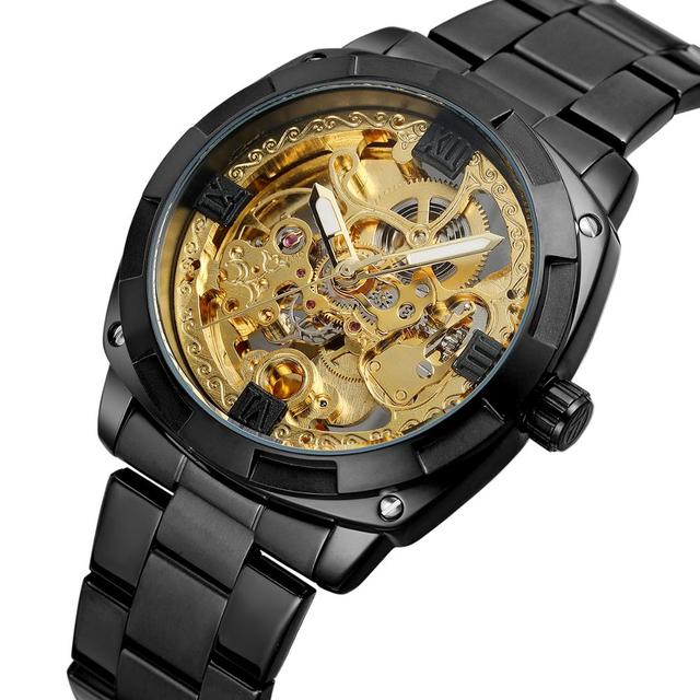 Men's Watch Forsining Brand Transparent Skeleton Gold Watch for Men Mechanical Wristwatches Vintage Engraved Automatic Watches Mens Steel Automatic Self-Wind Mechanical