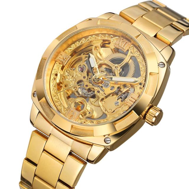 Men's Watch Forsining Brand Transparent Skeleton Gold Watch for Men Mechanical Wristwatches Vintage Engraved Automatic Watches Mens Steel Automatic Self-Wind Mechanical